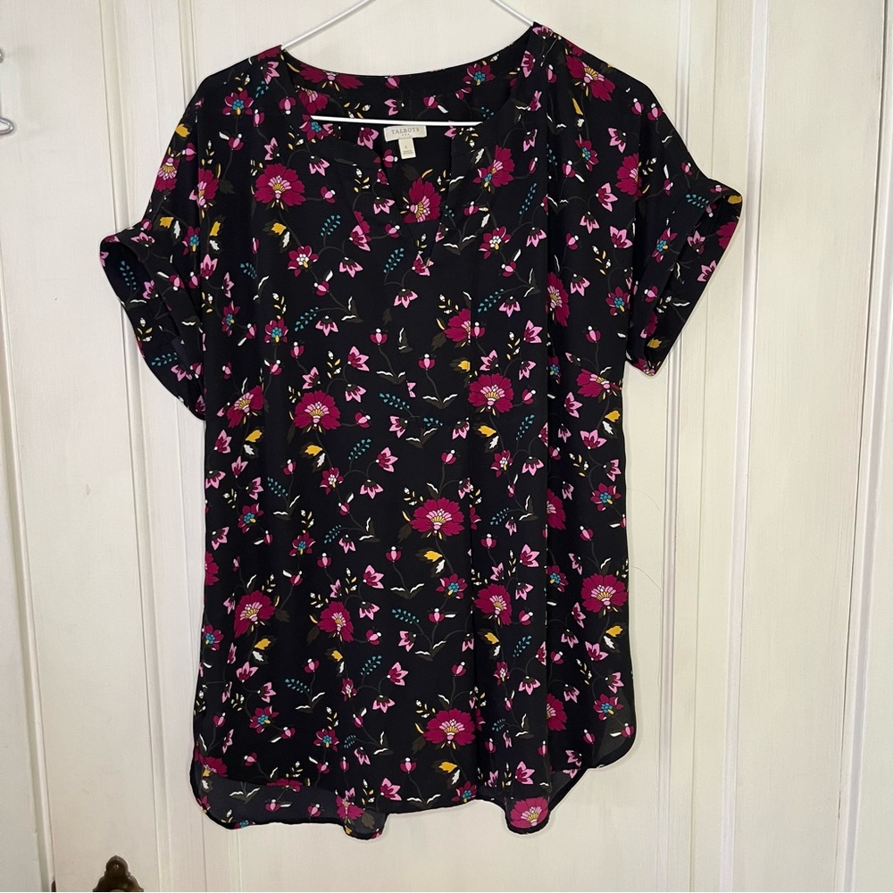Talbots Womens Short Sleeve Blouse Top Shirt Split V-Neck Floral Multicolor L